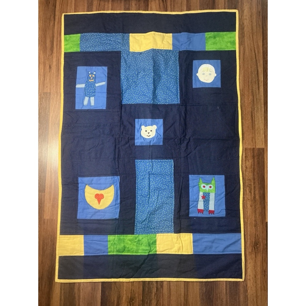 Handmade Patchwork Appliqué Toddler Quilt Blue Yellow Green 52in X 35in